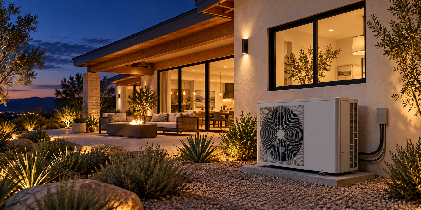 AI illustration of an outdoor heat pump beside a modern Southern California home at dusk
